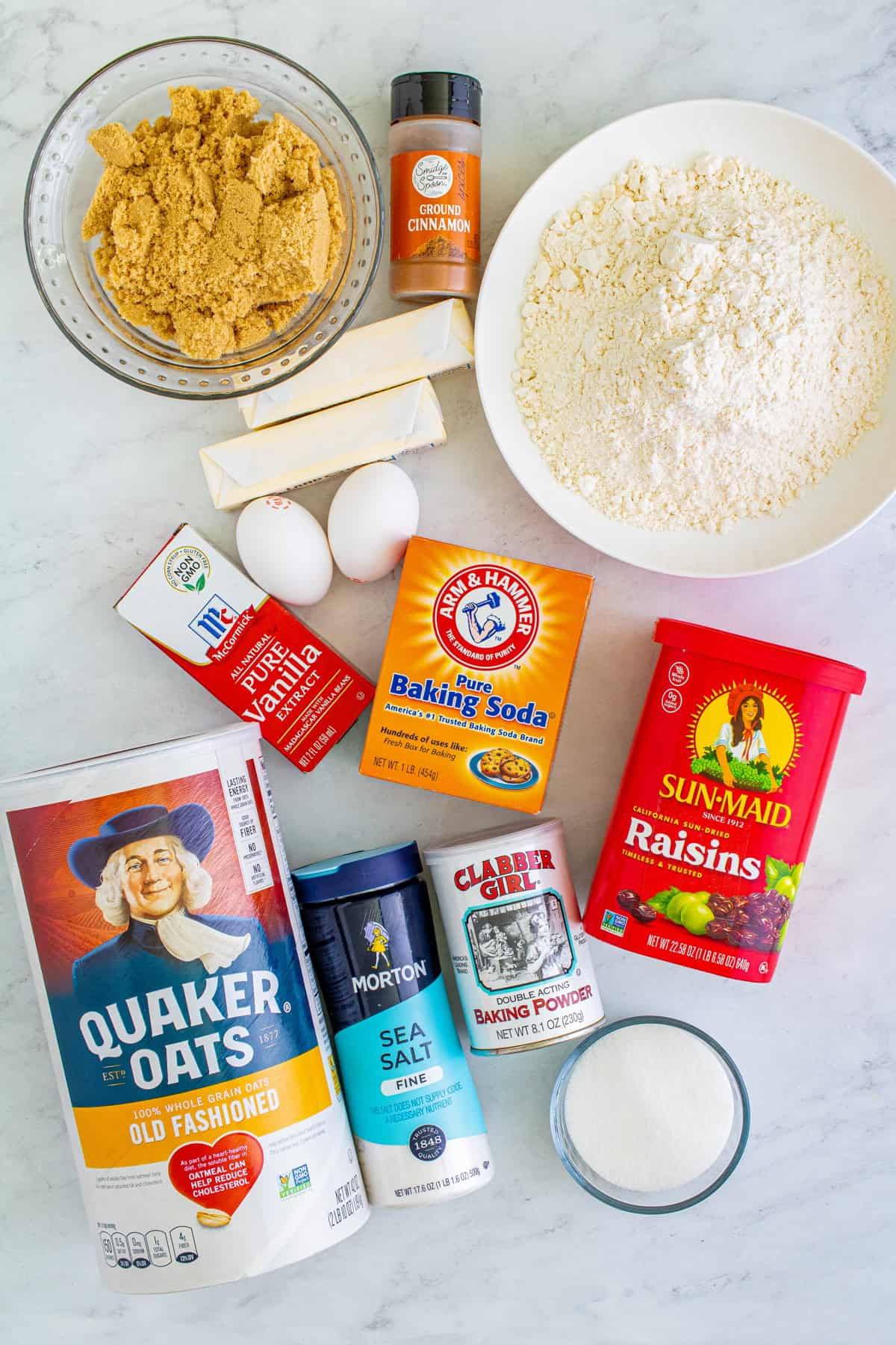 Ingredients needed to make Oatmeal Raisin Cookies.