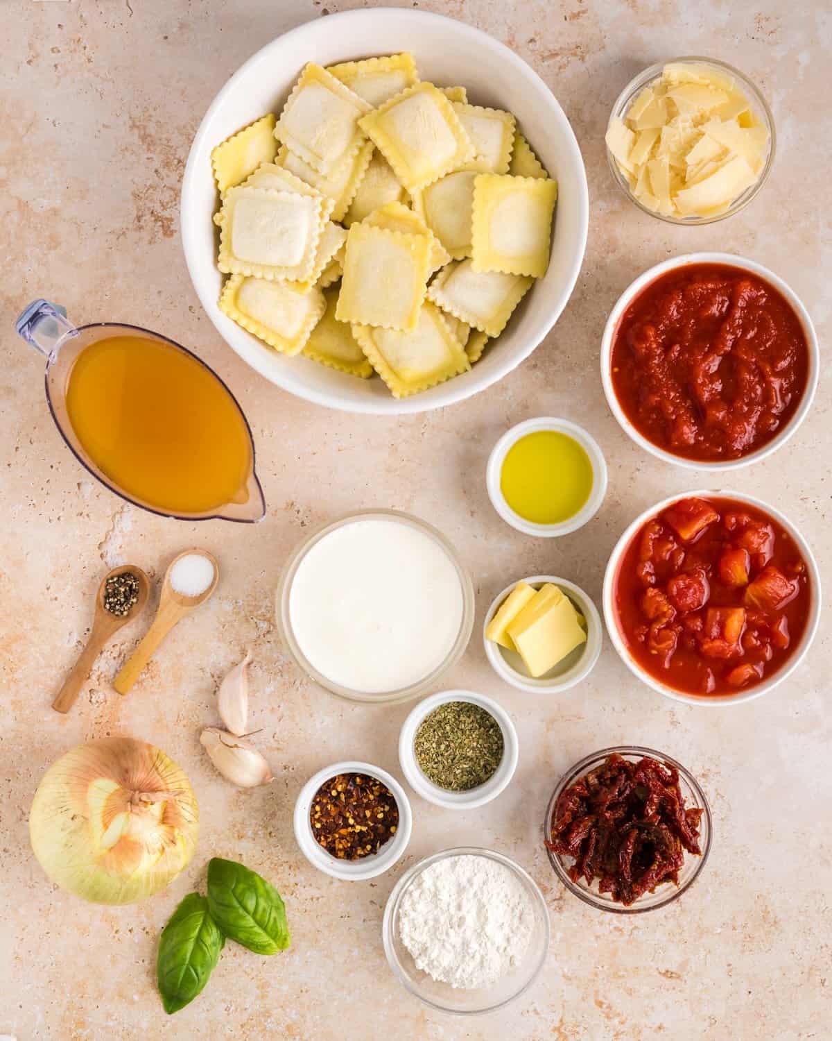 Ingredients needed to make Ravioli Soup.